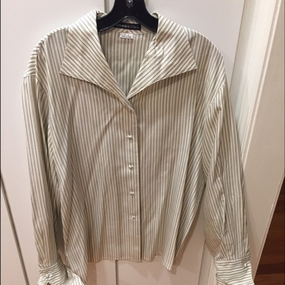 Theo Miles Stripped Silk Blouse Grey & Cream -14 EUC